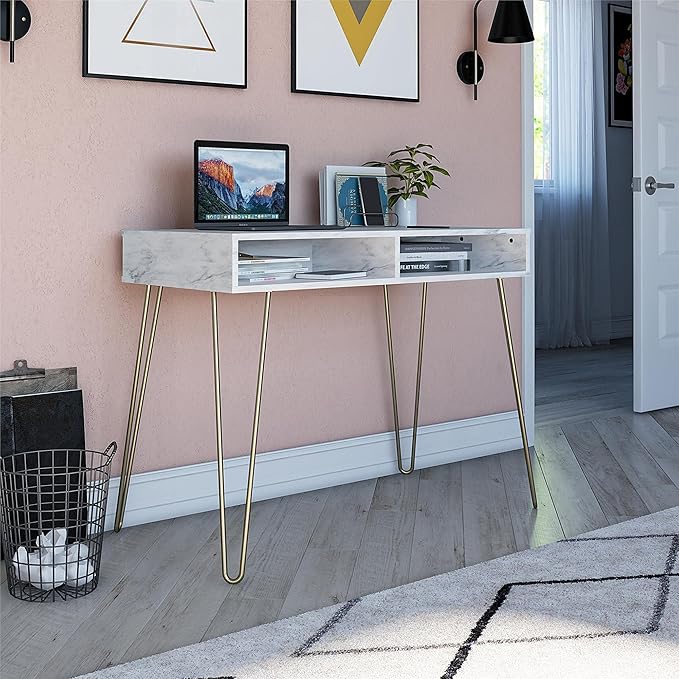 Novogratz Athena Computer Desk with Storage, White Marble - LeafyLoom