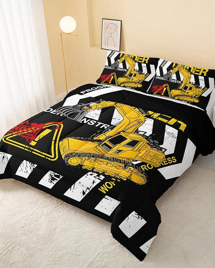 Excavator Comforter Twin Size,Construction Truck Comforter Set for Kids Teens Boys Girls,3Pcs Bedding Set Printed Comforter with 2 Pillowcases,Soft and Lightweight(Black，Twin Size) - LeafyLoom