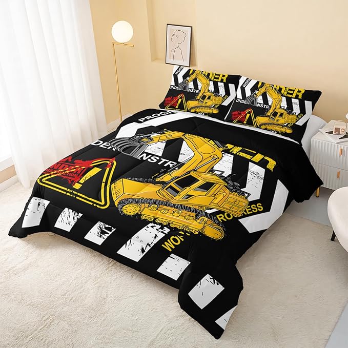 Excavator Comforter Twin Size,Construction Truck Comforter Set for Kids Teens Boys Girls,3Pcs Bedding Set Printed Comforter with 2 Pillowcases,Soft and Lightweight(Black，Twin Size) - LeafyLoom