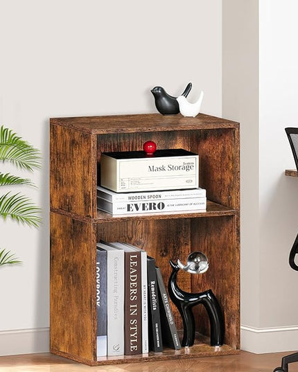 LEYAOYAO 2 Cube Bookshelf,Brown Record Player Stand Holds up to 100 Albums, Mini Wood Book Shelf Storage Organizer,Turntable Stand with Vinyl Storage Cabinet, Narrow Open Bookcase for Small Spaces - LeafyLoom