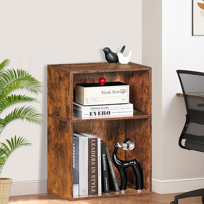 LEYAOYAO 2 Cube Bookshelf,Brown Record Player Stand Holds up to 100 Albums, Mini Wood Book Shelf Storage Organizer,Turntable Stand with Vinyl Storage Cabinet, Narrow Open Bookcase for Small Spaces - LeafyLoom