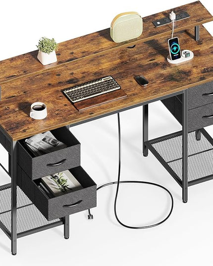 55 inch Computer Desk with 4 Drawers, Gaming Desk with LED Lights & Power Outlets, Home Office Desk with Large Storage Space for Bedroom, Work from Home, Rustic Brown - LeafyLoom