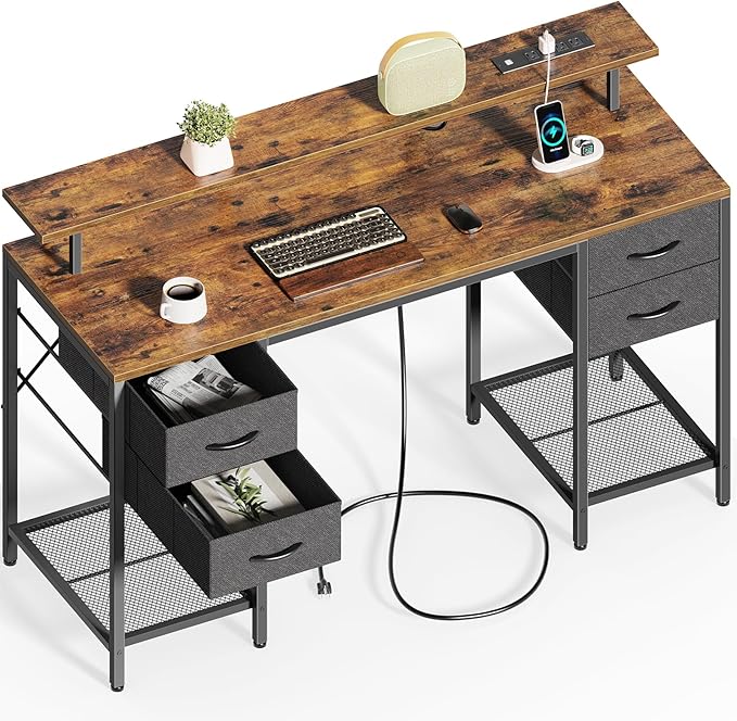 55 inch Computer Desk with 4 Drawers, Gaming Desk with LED Lights & Power Outlets, Home Office Desk with Large Storage Space for Bedroom, Work from Home, Rustic Brown - LeafyLoom