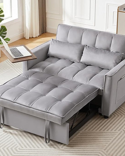 3 in 1 Loveseat Velvet Convertible Chair with 2 Pockets & 2 Pillows for Living Room, Grey - LeafyLoom