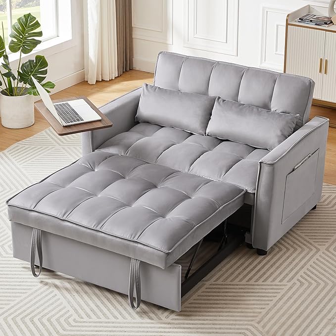 3 in 1 Loveseat Velvet Convertible Chair with 2 Pockets & 2 Pillows for Living Room, Grey - LeafyLoom