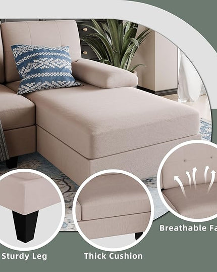 Shintenchi Sectional Couches for Living Room, U Shaped Sofa Couch with Double Chaise, 4-Seat Living Room Furniture Sets with Soft Cushion & Linen Fabric, Beige - LeafyLoom