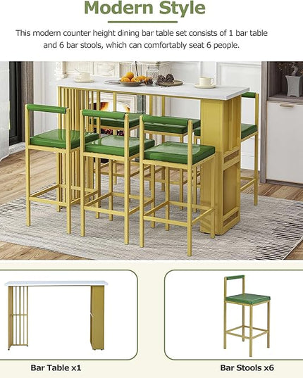 7-Piece Multi-Functional Modern Counter Height Dining Bar Table Set with Open Shelves and 6 Upholstered Stools with Gold Metal Frame for Home Pub Kitchen Room (White+Green) - LeafyLoom