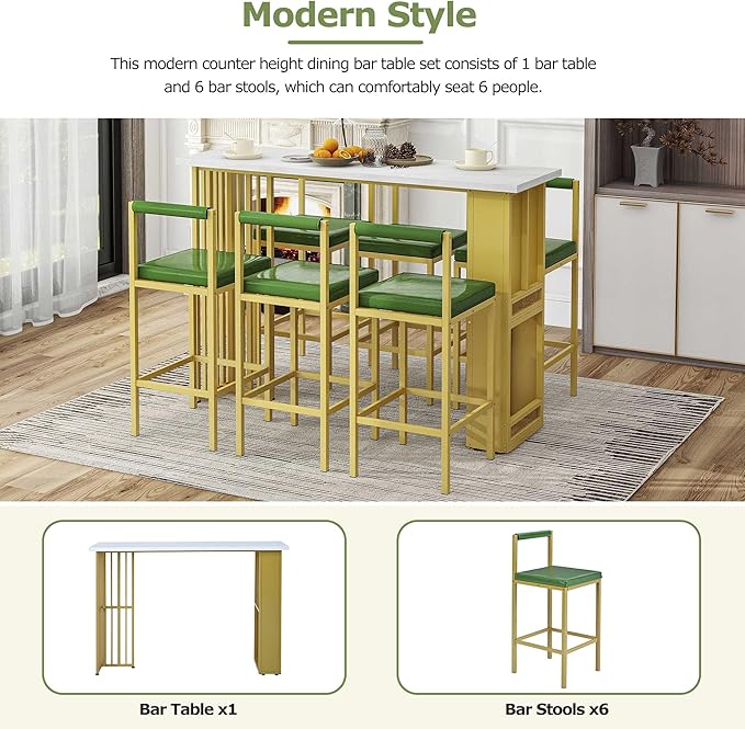 7-Piece Multi-Functional Modern Counter Height Dining Bar Table Set with Open Shelves and 6 Upholstered Stools with Gold Metal Frame for Home Pub Kitchen Room (White+Green) - LeafyLoom