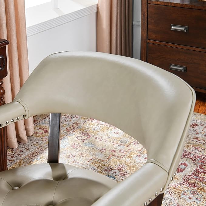 Large Dining Chairs with Casters and Arms, Rolling Dining Chairs with Wheels, Solid Wood Office Desk Chairs, 26“Dx25.2 Wx31.5“H, Espresso Legs & Beige PU, XXY-1910-BG - LeafyLoom