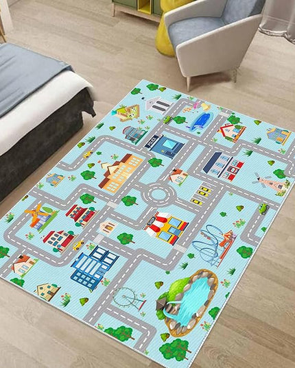 Kids Car Rug, 3x5 City Life Traffic Road Playmat for Toy Cars Trains, Non-Slip Race Track Carpet Educational Fun Area Rugs for Boy and Girl Bedroom Nursery - LeafyLoom