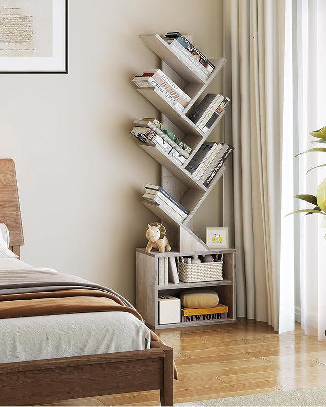 SUNMORY 6 Tier Tree Bookshelf, Tall Bookcase with Storage Cabinet, Modern Narrow Bookshelves Organizer, Floor Standing Book Shelf for Bedroom/Living Room/Home Office/Corner, Grey - LeafyLoom