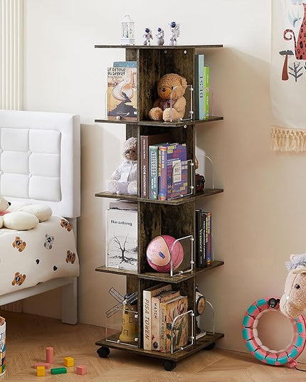 VECELO Rotating Bookshelf with Brake Wheels, 360°Display 4 Tier Floor Stackable Spinning-Bookshelf Tower for Kids&Adults, Revolving Bookcase for Small Space,Corner(Brown) - LeafyLoom