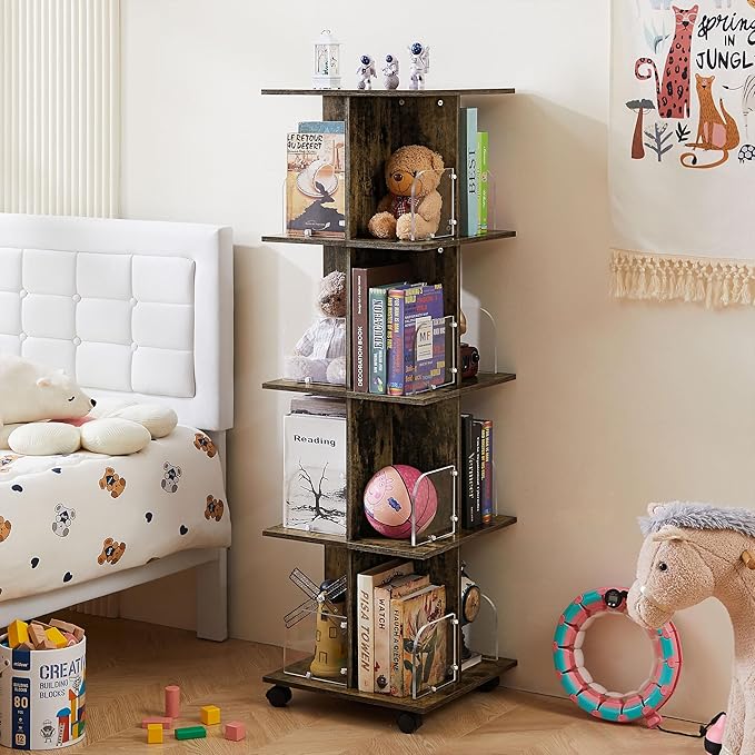 VECELO Rotating Bookshelf with Brake Wheels, 360°Display 4 Tier Floor Stackable Spinning-Bookshelf Tower for Kids&Adults, Revolving Bookcase for Small Space,Corner(Brown) - LeafyLoom