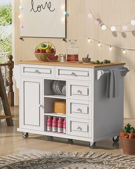 Kitchen Island with Storage, Rolling Table on Wheels w/5 Drawers for Dinning Room, Rubber Wood Contertop - LeafyLoom
