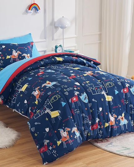 SLEEP ZONE 7 Pieces Kids Comforter Bed in A Bag, Soft Lightweight, Fluffy & Durable Children Bed Set with Comforter, Sheet, Pillowcase & Sham (Knight‘s Tale, Full/Queen) - LeafyLoom