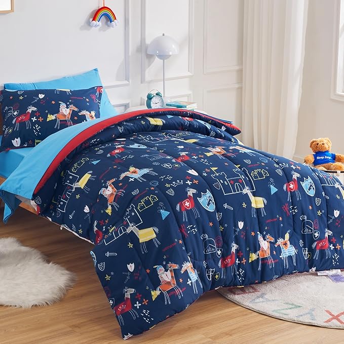 SLEEP ZONE Kids Twin Size Bedding Comforter Set 5 Pieces Breathable All Season Use for Boys (Knight‘s Tale, Twin) - LeafyLoom