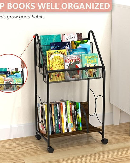 Bookshelf, 4-Tier Metal & Wood Rolling Book Cart on Wheels, Record Cabinet for Book Magazine Turntable, Record Holder Up to 100 Albums, Multifunction Utility Cart, Black - LeafyLoom