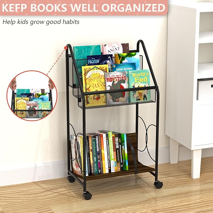 Bookshelf, 4-Tier Metal & Wood Rolling Book Cart on Wheels, Record Cabinet for Book Magazine Turntable, Record Holder Up to 100 Albums, Multifunction Utility Cart, Black - LeafyLoom