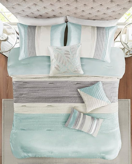 Madison Park Amherst Faux Silk Comforter Set-Casual Contemporary Design All Season Down Alternative Bedding, Matching Shams, Bedskirt, Decorative Pillows, King(104"x92"), Aqua, 7 Piece (MP10-2980) - LeafyLoom