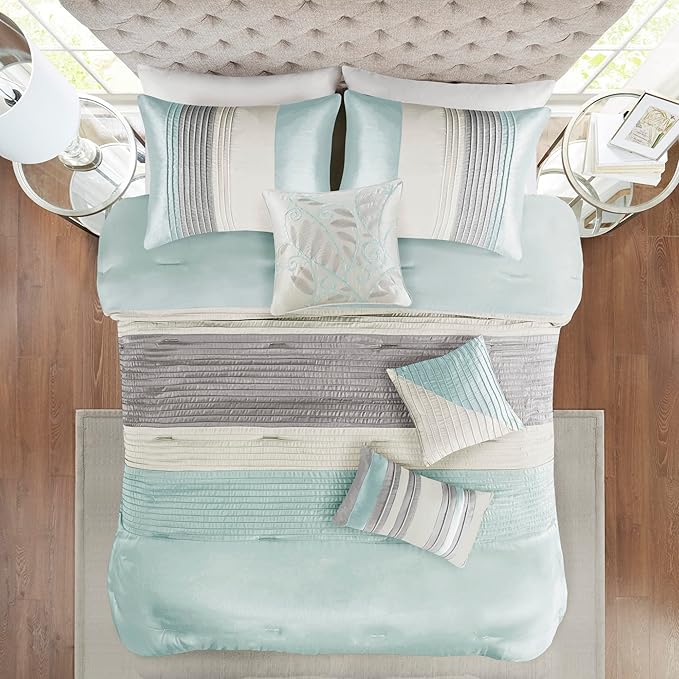 Madison Park Amherst Faux Silk Comforter Set-Casual Contemporary Design All Season Down Alternative Bedding, Matching Shams, Bedskirt, Decorative Pillows, King(104"x92"), Aqua, 7 Piece (MP10-2980) - LeafyLoom