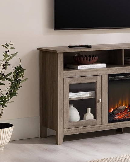 Walker Edison Glenwood Rustic Farmhouse Glass Door Highboy Fireplace TV Stand for TVs up to 65 Inches, 58 Inch, Driftwood - LeafyLoom