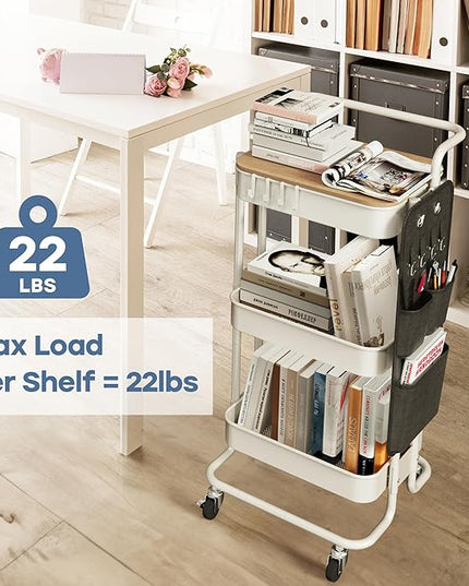 DTK 3 Tier Metal Utility Rolling Cart with Table Top and Side Bags, Metal Tray Storage Organizer Cart with Wheels, Art Craft Cart with 4 Hooks for Kitchen Bathroom Office Living Room (White) - LeafyLoom