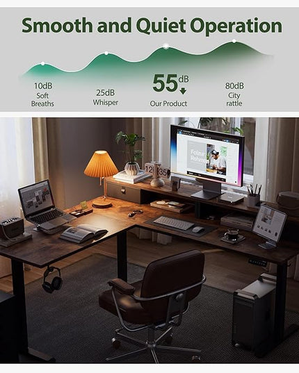 L shaped Electric Standing Desk with 2 Drawers, 63 Inch Ergonomic Adjustable Height Desk with Storage, Corner Desk Sit Stand up Computer Table for Work Office Home, Rustic Brown - LeafyLoom