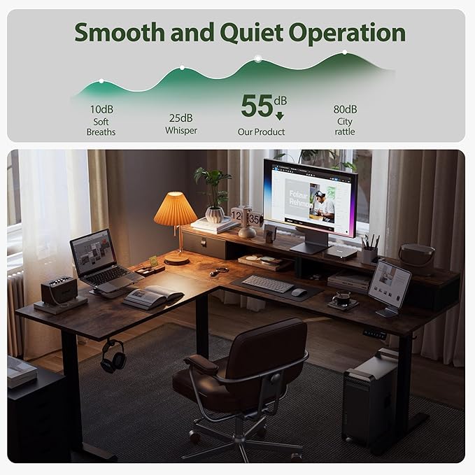 L shaped Electric Standing Desk with 2 Drawers, 63 Inch Ergonomic Adjustable Height Desk with Storage, Corner Desk Sit Stand up Computer Table for Work Office Home, Rustic Brown - LeafyLoom