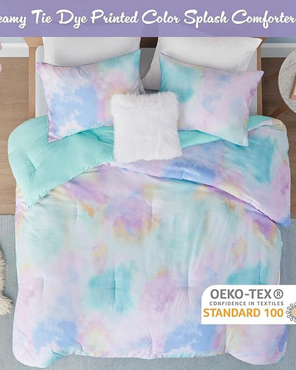 Intelligent Design King Size Comforter Set, Watercolor Queen Bedding Sets, Tie Dye Comforter Set for Teen Girl & Boys, 4 Pieces Cassiopeia Comforter, Sham, Throw Pillow King/Cal King Pink/Blue - LeafyLoom
