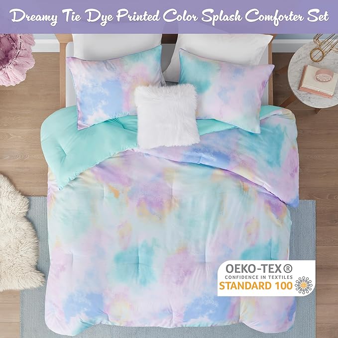 Intelligent Design Twin Comforter Set, Watercolor Twin Bedding Sets, Tie Dye Comforter Set for Teen Girl & Boys, 3 Pieces Cassiopeia Comforter, Sham, Throw Pillow Twin/Twin XL Pink/Blue - LeafyLoom