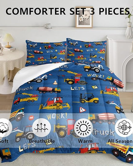 Axolotl Tractor Truck Bedding Set Queen,Excavator Comforter Set,Vehicles Truck Comforter,Boys Bedding Machinery Truck Comforter Construction Site Decor for Kids Boys Teens,1 Quilt 2 Pillowcases,Blue - LeafyLoom