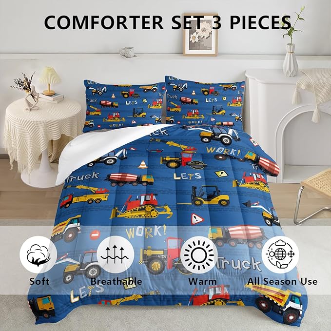 Axolotl Tractor Truck Bedding Set Queen,Excavator Comforter Set,Vehicles Truck Comforter,Boys Bedding Machinery Truck Comforter Construction Site Decor for Kids Boys Teens,1 Quilt 2 Pillowcases,Blue - LeafyLoom