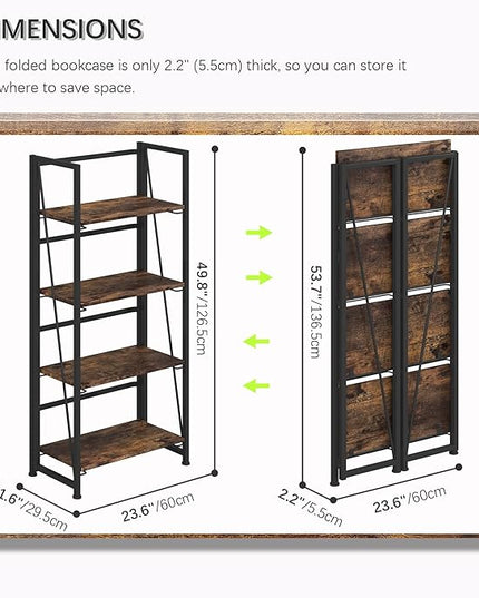 4NM No-Assembly Folding Bookshelf Storage Shelves 4 Tiers Vintage Bookcase Standing Racks Study Organizer Home Office (Rustic Brown and Black) - LeafyLoom