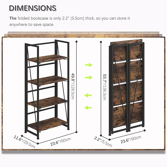 4NM No-Assembly Folding Bookshelf Storage Shelves 4 Tiers Vintage Bookcase Standing Racks Study Organizer Home Office (Rustic Brown and Black) - LeafyLoom