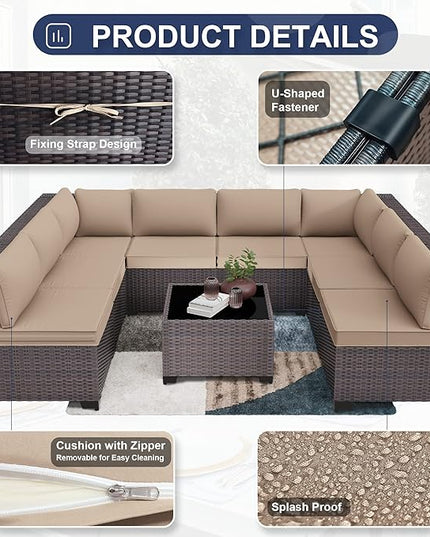 Patio Furniture Set 9PCS Outdoor Furniture for Backyard Wicker Sectional Sofa Set, Rattan Patio Conversation Set with Thickened Cushions and Glass Coffee Table, Sand - LeafyLoom