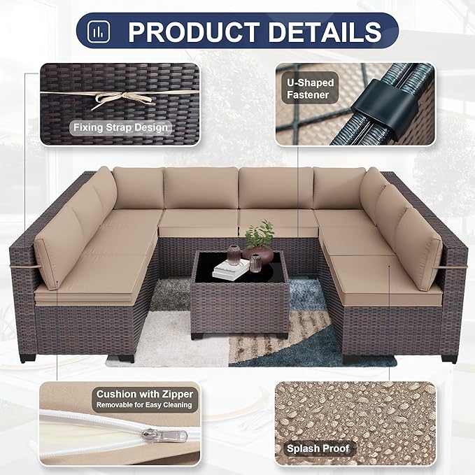 Patio Furniture Set 9PCS Outdoor Furniture for Backyard Wicker Sectional Sofa Set, Rattan Patio Conversation Set with Thickened Cushions and Glass Coffee Table, Sand - LeafyLoom