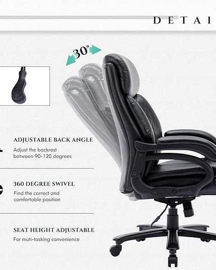 Big and Tall Office Chair 400lbs-Heavy Duty Executive Desk Chair with Extra Wide Seat, High Back Ergonomic Leather Computer Chair with Tilt Rock&Tension, Padded Armrests-Diamond Black - LeafyLoom