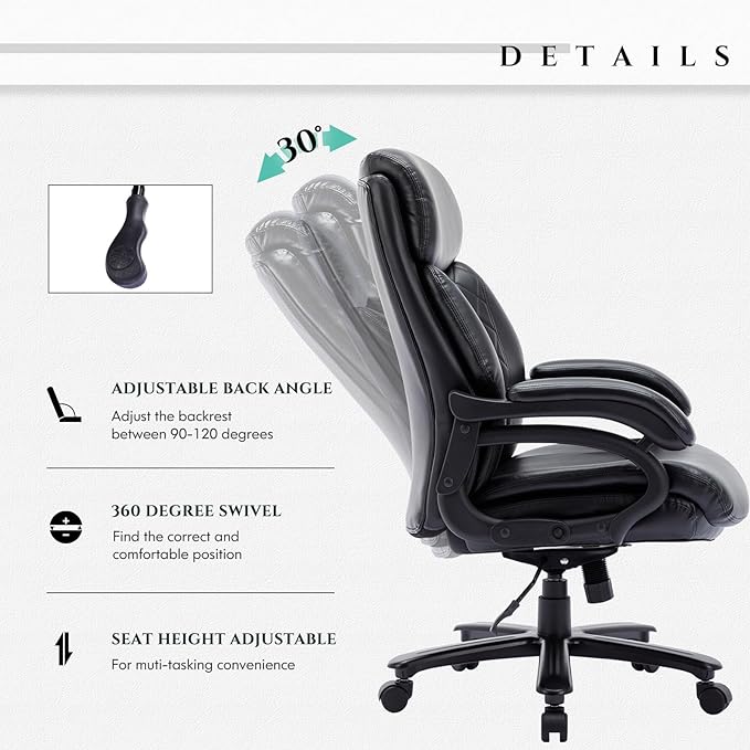 Big and Tall Office Chair 400lbs-Heavy Duty Executive Desk Chair with Extra Wide Seat, High Back Ergonomic Leather Computer Chair with Tilt Rock&Tension, Padded Armrests-Diamond Black - LeafyLoom