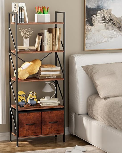 5 Tier Bookshelf Bookcase with 2 Drawer,Tall Book Shelf Display Standing Shelf Units,Wood Book Rack Shelves Storage Organizer for Bedroom Home Office Kitchen Living Room, 22.4 in(Rust Brown,2 Drawers) - LeafyLoom
