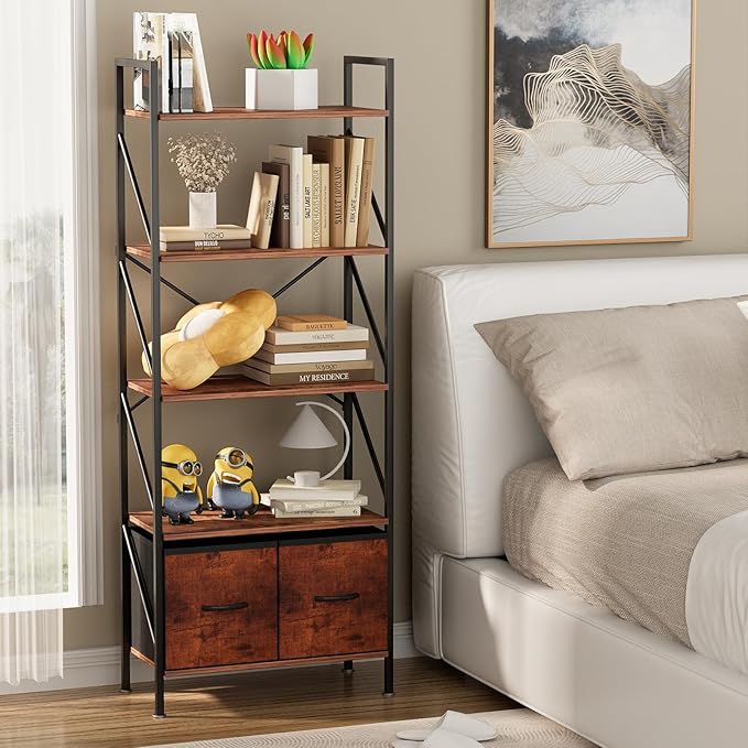 5 Tier Bookshelf Bookcase with 2 Drawer,Tall Book Shelf Display Standing Shelf Units,Wood Book Rack Shelves Storage Organizer for Bedroom Home Office Kitchen Living Room, 22.4 in(Rust Brown,2 Drawers) - LeafyLoom
