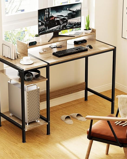 Computer Desk - 39 Inch Home Office Desk with Storage, Gaming Desk with Monitor Stand, Modern Simple Study Table, Adjustable Storage Space, Gray - LeafyLoom
