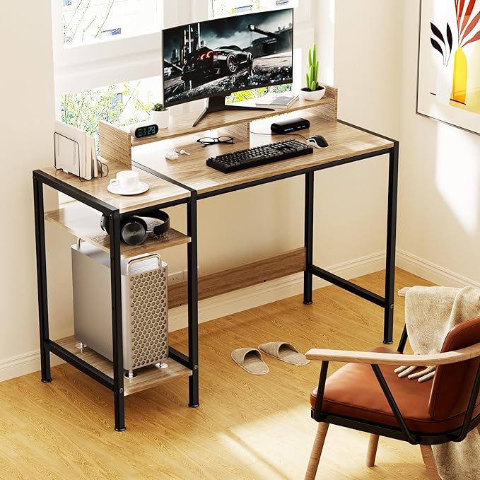 Computer Desk - 39 Inch Home Office Desk with Storage, Gaming Desk with Monitor Stand, Modern Simple Study Table, Adjustable Storage Space, Gray - LeafyLoom