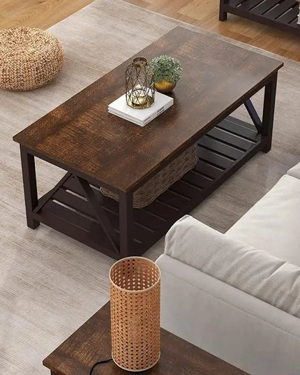 ChooChoo Farmhouse Coffee Table, Rustic Vintage Living Room Table with Shelf, 40 Espresso - LeafyLoom