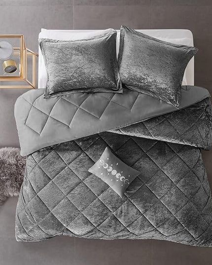 Intelligent Design Queen Duvet Cover Set, Velvet Queen Duvet Set, Luxury Diamond Quilting Grey Duvet Cover, Fluffy Duvet Cover with Decorative Pillow and 2 Shams, 4 Pieces, Grey, Full/Queen - LeafyLoom