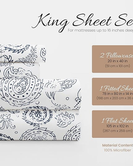 ienjoy Home 4 Piece Coarse Paisley Patterned Home Collection 4 Sheet Set, King, Navy - LeafyLoom