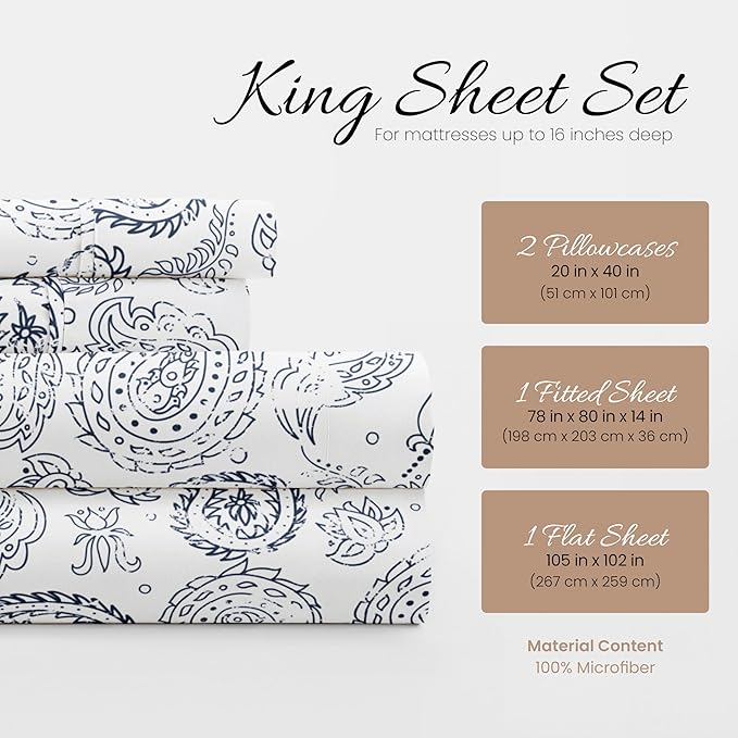 ienjoy Home 4 Piece Coarse Paisley Patterned Home Collection 4 Sheet Set, King, Navy - LeafyLoom