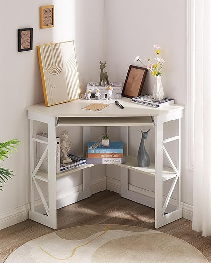 VECELO Corner Computer Desk Writing Smooth Keyboard Tray & Storage Shelves,Compact Home Office Triangle Table, White - LeafyLoom