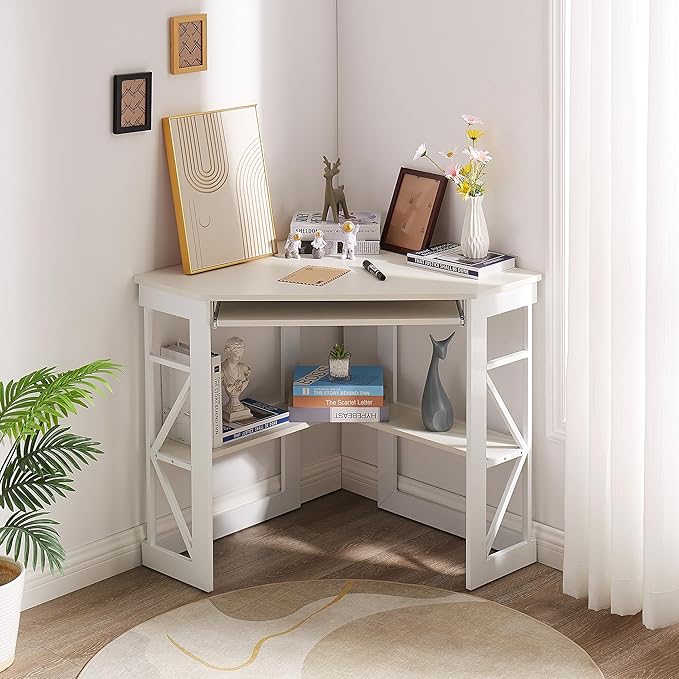 VECELO Corner Computer Desk Writing Smooth Keyboard Tray & Storage Shelves,Compact Home Office Triangle Table, White - LeafyLoom
