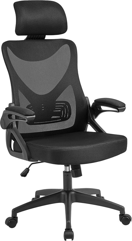 Yaheetech Ergonomic Office Chair, High Back Desk Chair with with flip-up Armrests, Adjustable Padded Headrest Mesh Computer Chair with Lumbar Support for Home Office Meeting Room, Black - LeafyLoom