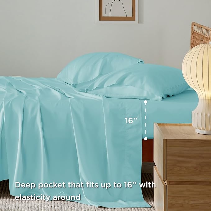 Bedsure King Size Sheet Set, Cooling Sheets King, Rayon Derived from Bamboo, Deep Pocket Up to 16", Breathable & Soft Bed Sheets, Hotel Luxury Silky Bedding Sheets & Pillowcases, Blue Tint - LeafyLoom